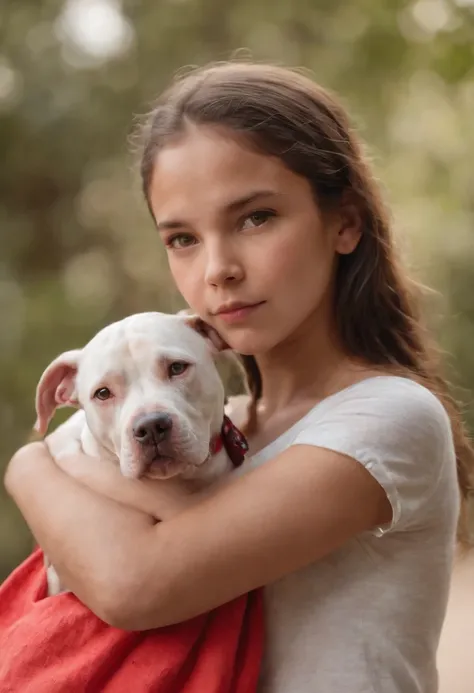 Menina doce negra,((mid closeup)),6 anos ,e pitbull red nose na rua, brincado com bola