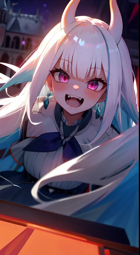 One girl with long hair, white hair, looking at viewer, laughing, blushing, indoor, night , demon kings, castle, fangs, horn, open mouth