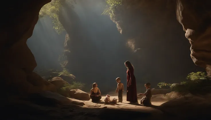 Cave: A cave woman breastfeeds her baby while her husband and two little boys look on. Perfect Composition Beautiful Intricate Details Amazingly Detailed Artstation Octane Render Trend 8k Artistic Photography Photorealistic Concept Art Soft Natural Volume ...