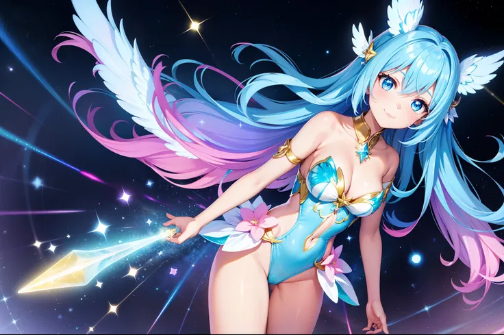 Super Idol　a beauty girl　A charming smile　sky blue hair　length hair　Twin-tailed　Glittery bright pink and white and blue and yellow leotards　Facing straight ahead、arms spread wide、Spread 6 large iridescent angel wings on the back　Mystical　Spectacular sparkl...