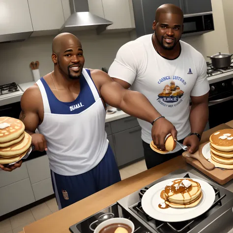 Shaquille ONeal, in a kitchen, cooking, cooking spray in hand, pancakes