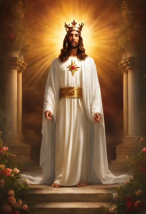 Jesus Christ in white robes appearing the whole body with a crown in all his glory