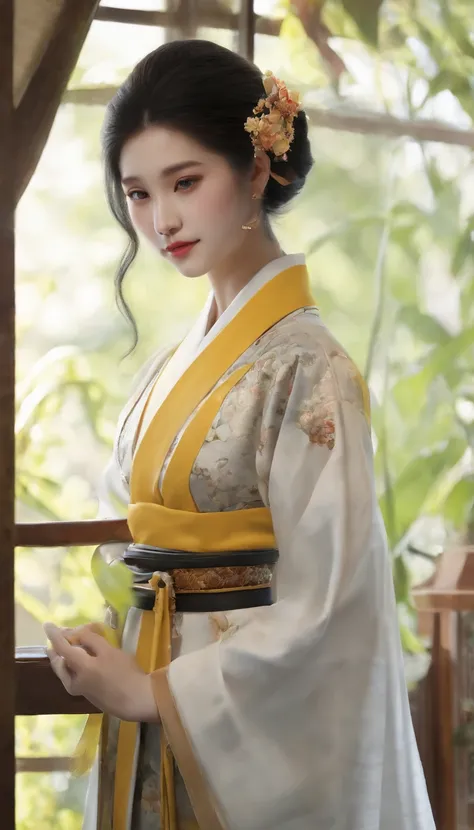 Araki woman in yellow kimono sitting on the windowsill, Palace ， A girl in Hanfu, Realistic anime 3 D style, Guviz-style artwork, Beautiful character painting, 3 d anime realistic, trending on cgstation, anime styled 3d, Wearing ancient Chinese clothes, Ch...