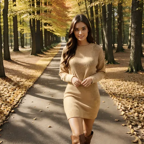 Generate full body photography of Autumn, the stunning brunette influencer. She should appear in her mid-20s approximately 54" tall with long, wavy chestnut hair that falls gracefully on her shoulders. She has an athletic hourglass figure accentuated by he...