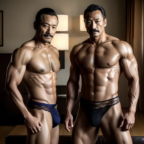 45 yers old，Hidetoshi Nakata ，（Kogoro Mouri 1.3），Two muscular men together，Naked upper body，Crotch contour，Wear lace lingerie，with mustache，tmasterpiece，k hd，black long socks，the feet