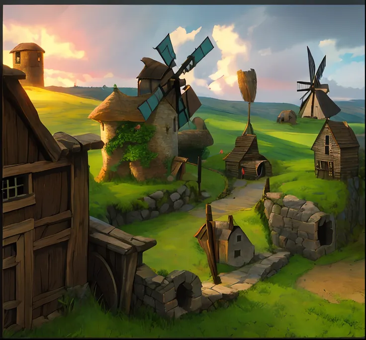 Windmill mill,Beehive-shaped primitive chieftain hall ,Spring theme,Original Hall,Realistic,Heroes of the Storm,Beautiful isometric game art