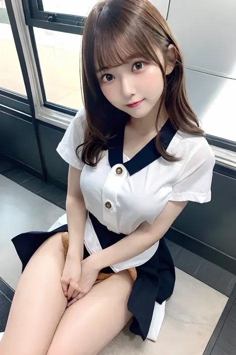 top-quality,ultra-detailliert,​masterpiece,realisitic,Photo Real,Bright lighting,1 girl in, an extremely beautiful 17-year-old girl, (kawaii:1.2),Thin smile, (Brown eyes),(brown haired),(bangss),perfect glossy skin,flawless skin,((erotick,Sexy and sexually...