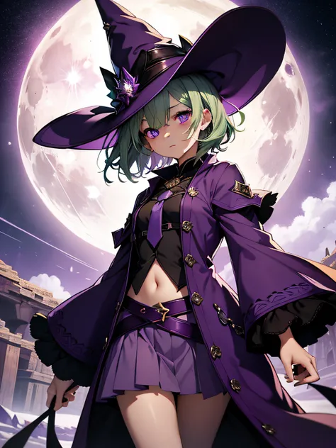 top-quality、extremely delicate and beautiful、(A teenage girl)、Purple Eye、Green hair、short-haired、(purple witch hat)、Purple tie、Soio、shortsleeves、Purple skirt、Purple Wizard Robe、Navel、is standing、Full moon night on background