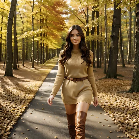 Generate full body photography of Autumn, the stunning brunette influencer. She should appear in her mid-20s approximately 54" tall with long, wavy chestnut hair that falls gracefully on her shoulders. She has an athletic hourglass figure accentuated by he...