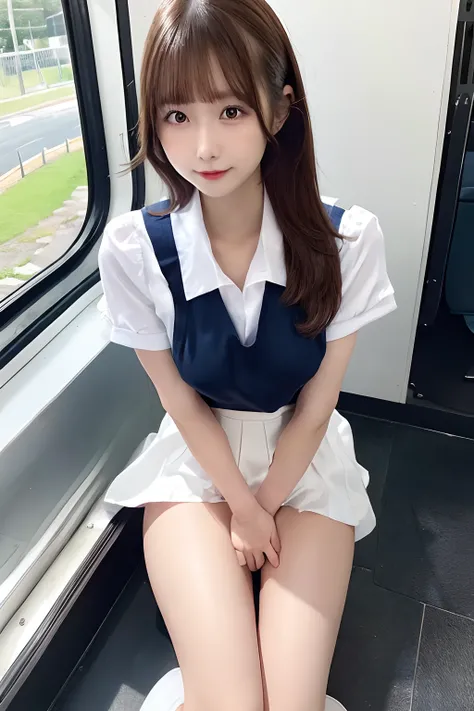 top-quality,ultra-detailliert,​masterpiece,realisitic,Photo Real,Bright lighting,1 girl in, an extremely beautiful 17-year-old girl, (kawaii:1.2),Thin smile, (Brown eyes),(brown haired),(bangss),perfect glossy skin,flawless skin,((erotick,Sexy and sexually...