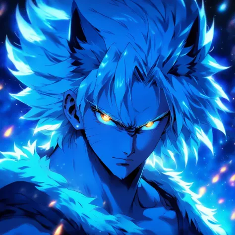 male with white hair and wolf ears, light beard stubble, glowing blue eyes