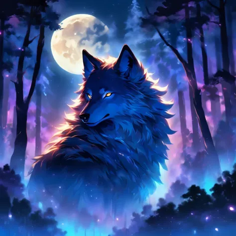 (best quality,4k,8k,highres,masterpiece:1.2),ultra-detailed,realistic,white-haired male with wolf ears, light beard stubble, glowing blue eyes, piercing gaze,intense facial expression,wearing a black leather jacket standing in front of a moonlit forest, mo...