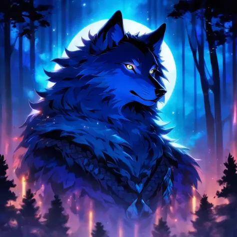 (best quality,4k,8k,highres,masterpiece:1.2),ultra-detailed,realistic,white-haired male with wolf ears, light beard stubble, glowing blue eyes, piercing gaze,intense facial expression,wearing a black leather jacket standing in front of a moonlit forest, mo...