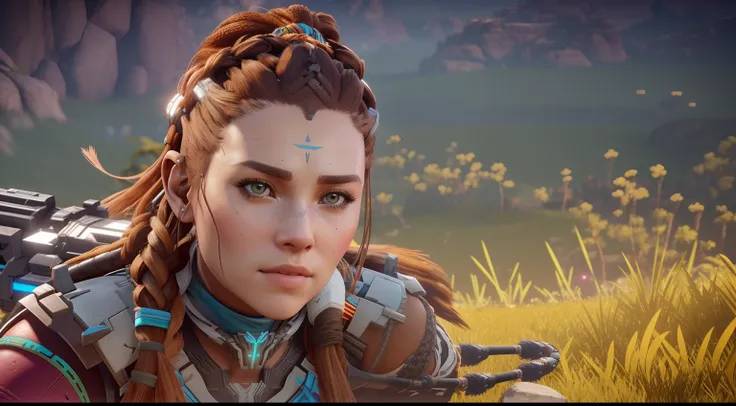 um close up de uma pessoa com uma espada em um campo, Aloy, Aloy, Horizonte: Zero amanhecer, Aloy de Horizon Zero Dawn, do horizonte: zero para baixo, Horizon Zero Amanhecer, Estética Horizon Zero Dawn, Horizonte Zero Amanhecer 8K, Jogabilidade de Horizon ...