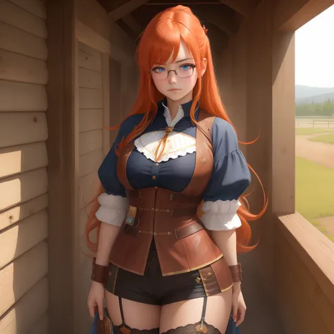 8k, masterpiece, best quality, realistic, higly detailed, cowboy shot, 1girl, solo, itsuki, serious looking girl, medium-length hair, expressive ahoge, reddish-orange hair, a pair of star-shaped hairpins near both of her eyes, dark blue eyes, average heigh...