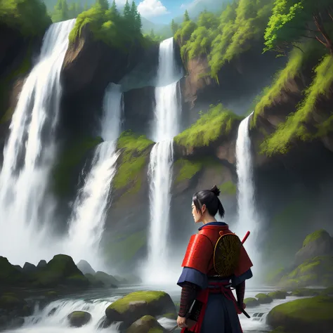 Samurai with nature and waterfalls