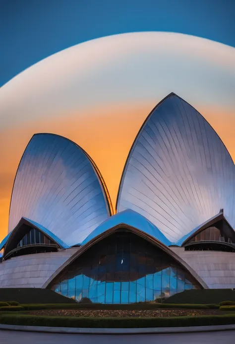 A closeup of a circular image of a building with a sky background, inspirado em Sydney Carline, To Sydney Opera House, Projection mapping, Sydney Opera House, oz, Sydney, Holographic projection, holograma circular azul, in australia, epicentro brilhante, 2...