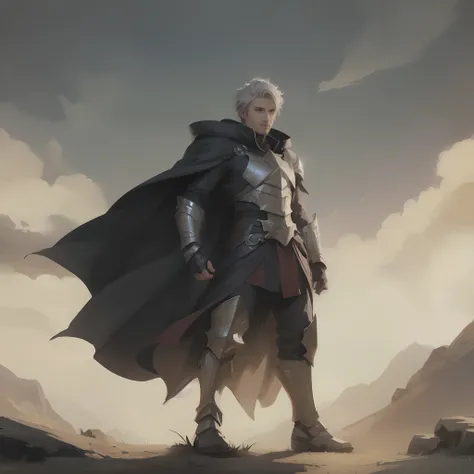 there is a man in a cape and armor standing on a hill, full portrait of magical knight, a human male paladin, arsen lupin as a paladin, heroic fantasy character concept, fantasy character portrait, male paladin, portrait of fin wildcloak, thancred waters i...