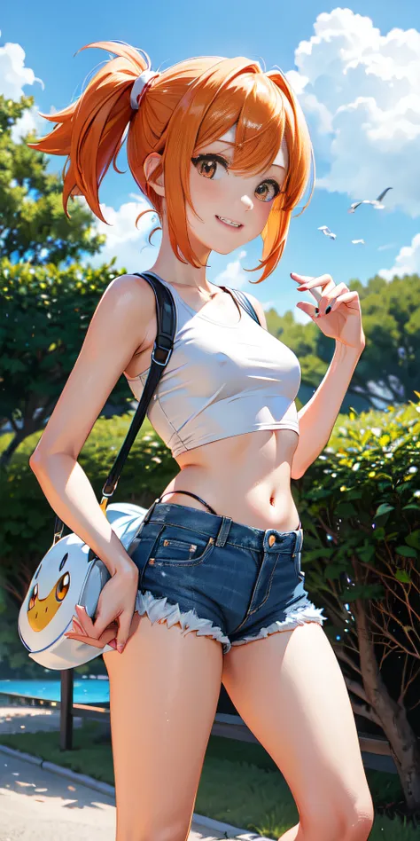 professional anime, anime :Pokemon, anime style: OLM.inc, masterpiece, best quality, high resolution, 1 woman only, misty (pokemon), orange hair, solo, shorts, suspenders, side ponytail, orange hair, stomach, yellow crop top, navel, short hair, denim, jean...