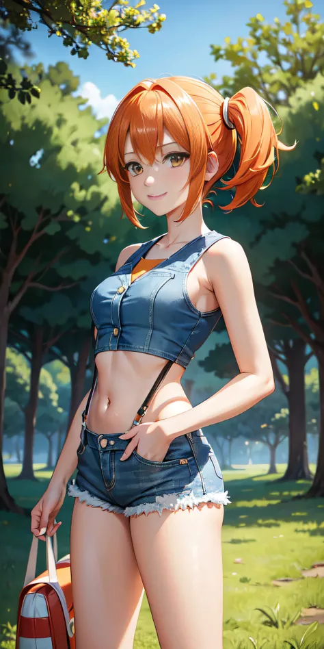 professional anime, anime :Pokemon, anime style: OLM.inc, masterpiece, best quality, high resolution, 1 woman only, misty (pokemon), orange hair, solo, shorts, suspenders, side ponytail, orange hair, stomach, yellow crop top, navel, short hair, denim, jean...