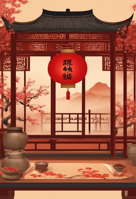 Chinese empty scene，Vintage furniture，bonsai，chinaware，No carpet，wooden floor，Red lantern，There are flowers on it，Used Classical Aesthetics，oriental wallpaper，Antique rhyme，Chinese painting style，Ink painting background，Soft light and light tones，inspired ...