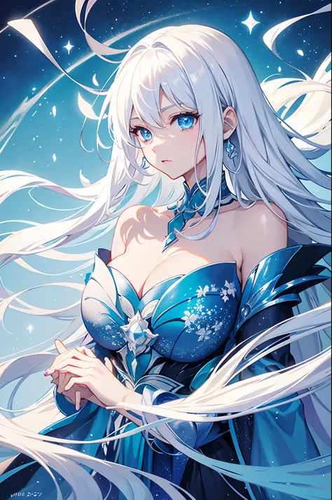 Cover magazine, anime, woman, solo, long hair, white hair, blue eyes, model, beautiful, half body potrait, fantasy, ice