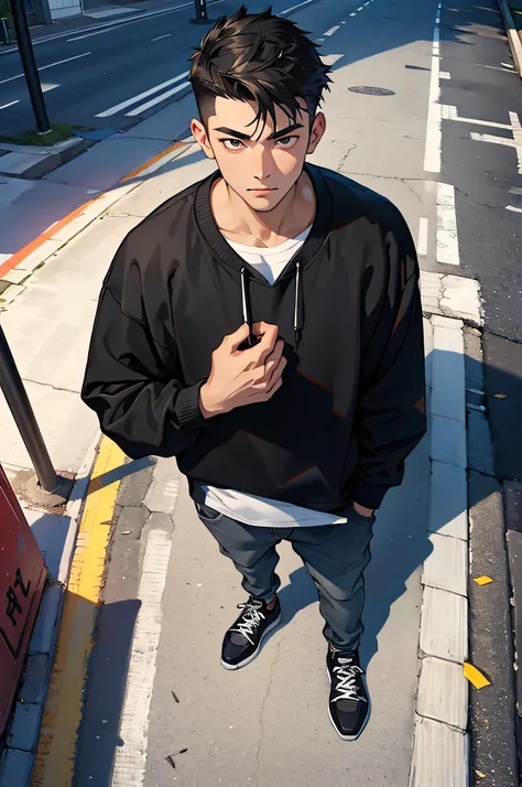 HD clear, best image, illustration quality, super detailed, clear face, a young man in a black casual sweatshirt, standing on the street during the day