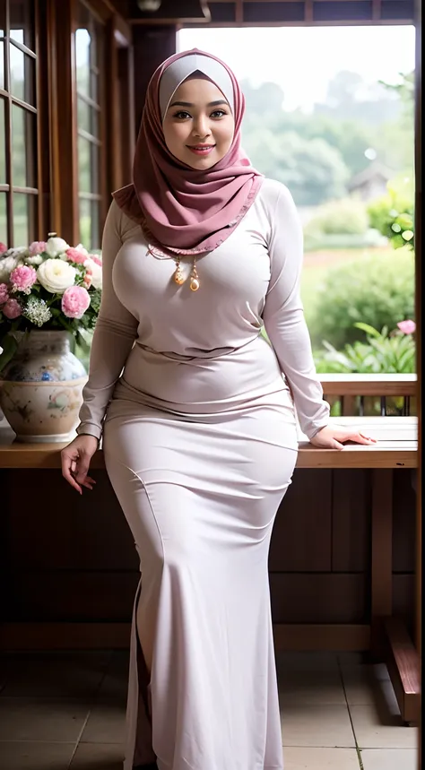 raw, best quality, high resolution, masterpiece: 1.3), beautiful malay woman in hijab, masterpiece, perfect slim body, ((big bre...