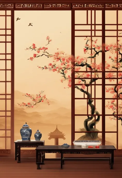 Chinese empty scene，Vintage furniture，Antique design，bonsai，chinaware，No carpet，wooden floor，There are flowers on it，Used Classical Aesthetics，oriental wallpaper，Antique rhyme，Chinese style，Ink painting background，Soft light and light tones，inspired by Emp...