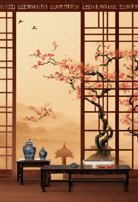 Chinese empty scene，Vintage furniture，Antique design，bonsai，chinaware，No carpet，wooden floor，There are flowers on it，Used Classical Aesthetics，oriental wallpaper，Antique rhyme，Chinese style，Ink painting background，Soft light and light tones，inspired by Emp...