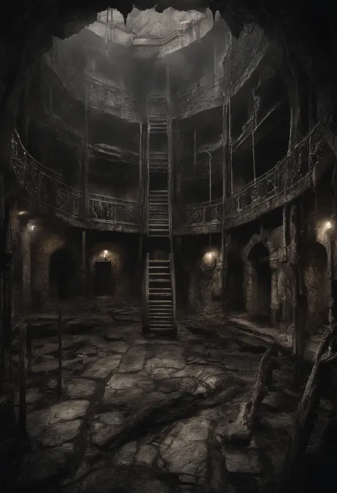 ((underground stone room with metal prison cells)), wet walls, leaking walls, skulls of human heads, people hanging themselves, people in chains, human corpses, 1 person in armor holding a torch exploring the dungeon