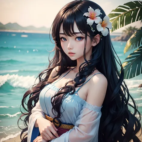 Korean idol, blue eyes, long wavy hair black, with a flower next to it, tropical climate, beach, realistic