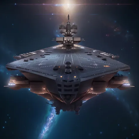 A huge spaceship,full body，(A rectangular spacecraft resembling the shape of an aircraft carrier:1.5),Detailed hull details,Cosmic galaxy background,Escaped spaceship,((Best quality)), ((Masterpiece)), (Epic composition:1.2), (unreal 5 render:1.1)