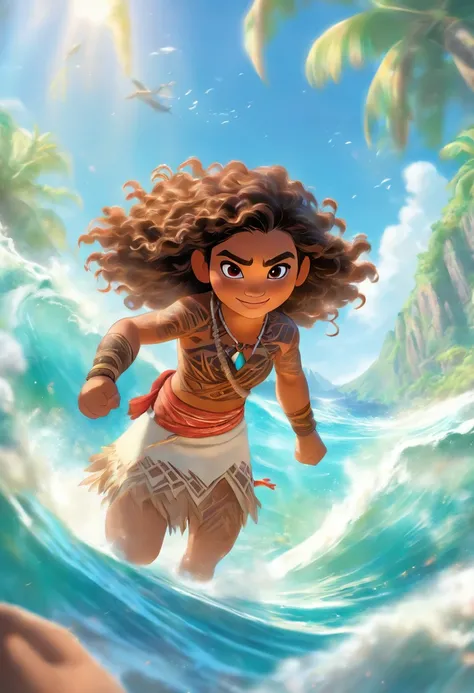 (best quality,ultra-detalhado),Moana, "Moana" film holding a Bible in his hand,illustration,cores realistas,fundo tropical vibrante,Oceano cintilante,clear blue skies,belos olhos detalhados,cabelos soprados pelo vento,rosto sorridente,Flowing dress,magic n...