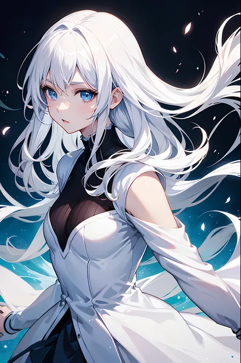 Cover magazine, anime, young woman, solo, long hair, white hair, blue eyes, model, beautiful, half body potrait, fantasy, ice