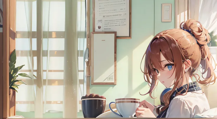 Have a cup、Pretty girl with bright chestnut hair tied in a ponytail、Upper eyes、hightquality、blouse、Alone、up of face、inside in room、Embarrassing