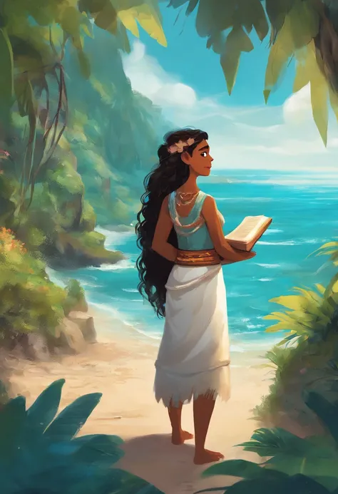 (best quality,ultra-detalhado),Moana, "Moana" film holding a Bible in his hand,illustration,cores realistas,fundo tropical vibrante,Oceano cintilante,clear blue skies,belos olhos detalhados,cabelos soprados pelo vento,rosto sorridente,Flowing dress,magic n...