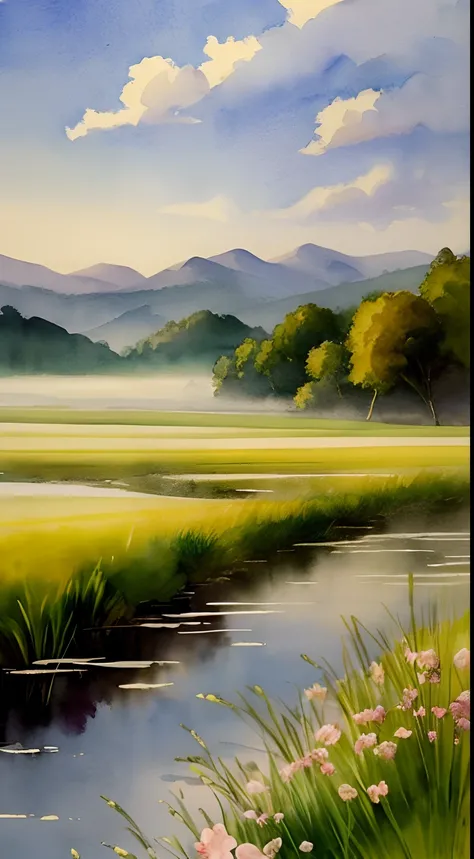 (Watercolor in Sargent style)、(top-quality、​masterpiece)、Soft light、Windermere landscape painted on a foggy morning、、Create an ethereal scene in a calm morning misty meadow。Draw delicate and blurry brushwork、Capture the elusive nature of fog、Enhance the se...