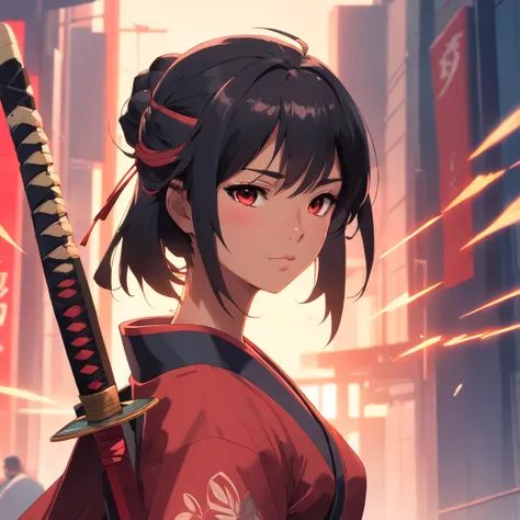 Female samurai warrior, jet black hair, dark skinned tanned, red black, cute face