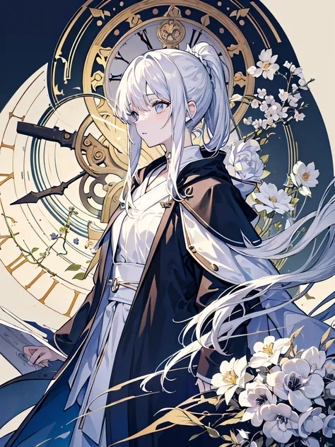 masterpiece, absurdres, novel cover, cover illustration, 1girl, solo, white-haired ponytail, mage robes, flower background, clock background, monochrome, line drawing