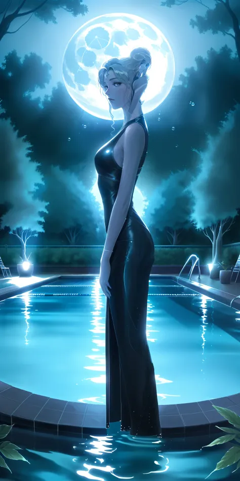 a pool, straight standing next to a pool, poolside, under the full moon, full height view, in a luxurious pool, full length view, beautiful front angle, trees, water surface, bush, plants, bubbles