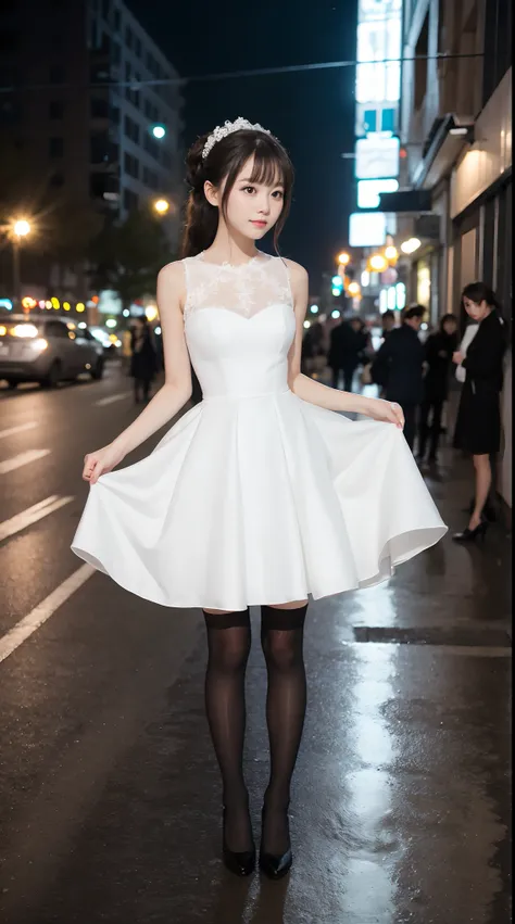 white wedding gown，Knee-length black stockings，double-ponytail，Looks innocent and cute，City streets at night