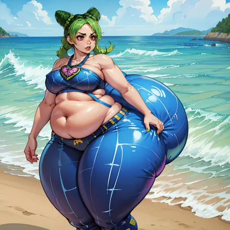 jolyne, huge thighs, huge butt, chubby belly, hyper bottom heavy, at the beach,