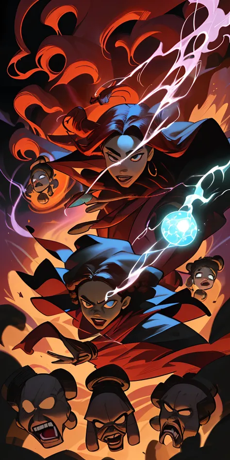 Marvel Comic Panel of An Afro Latina Hoodoo Witch With The Power To Manipulate Darkness and Her Ancestral Line Doing Magic and Fighting off Beyonders and The Scarlet Witch