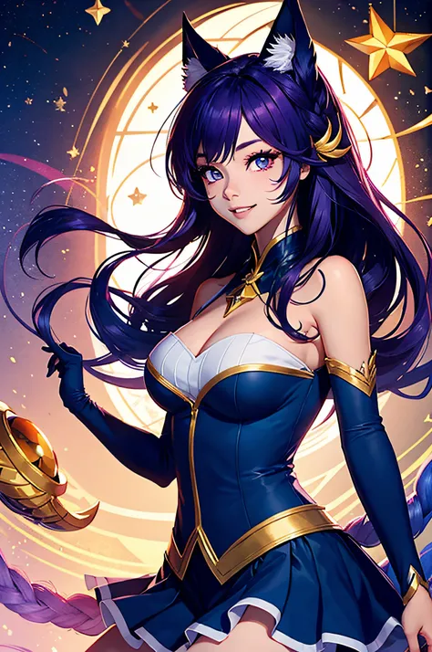 (master part, best quality:1.2), detalhes intrincados, Guardian Star Ahri, 1girl, orelhas de animais, ornamento de cabelo, Mangas em destaque, bareshoulders, Saia, magical girl, Multiple Tails, purple hairs, sorriso leve