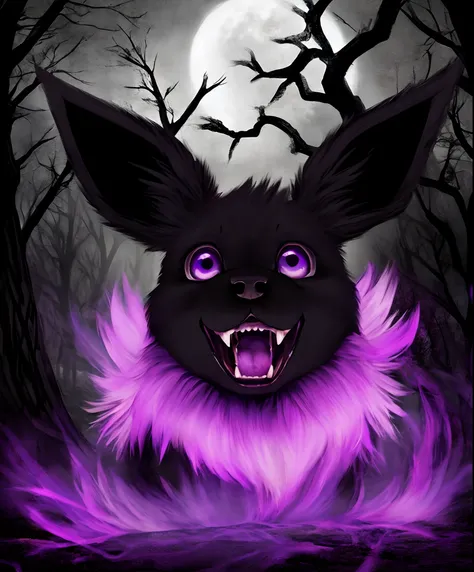 Eevee, ebony black, fangs, ghostly violet and purple aura, spooky, nightmare, masterpiece, best quality