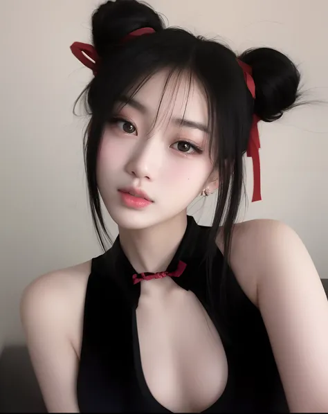 A closeup of a woman with a black top and a red bow tie, com rabo-de-porco preto, cruel korean goth girl, menina coreana, Asian girl, Mulher sul-coreana bonita, asian features, Ulzzang, Beautiful Asian girl, preto hime corte cabelo, Menina chinesa, Deusa j...