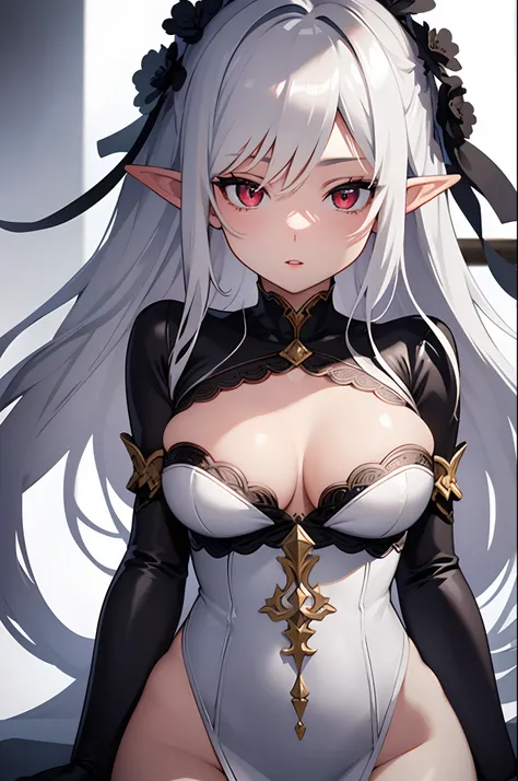 1girl, anime, cute girl, elf, blank background, white background, fantasy, detailed dark fantasy dress with highlights, beautiful face, beautiful eyes, dark colors, medium breasts, slight cleavage, beautiful skin, cute, silver hair, red eyes, breast curtai...