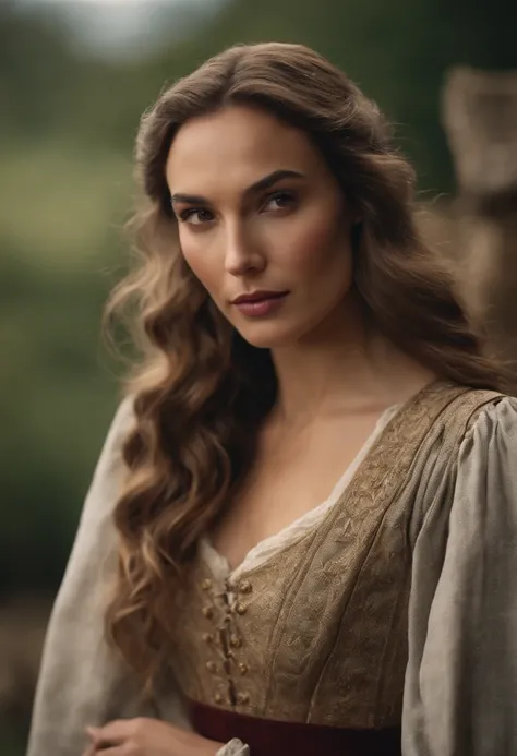 ((Medium Full Shot)) Professional Photo of gorgeous female photo model [Gal Gadot : Maude Adams : 0.4], detailed face, detailed hair, donning a medieval dress, cinematic medieval village background, sharp focus, Thomas Ruppel style