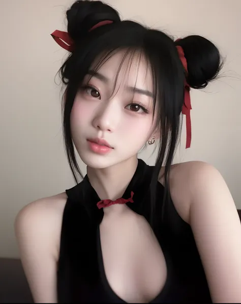 A closeup of a woman with a black top and a red bow tie, com rabo-de-porco preto, cruel korean goth girl, menina coreana, Asian girl, Mulher sul-coreana bonita, asian features, Ulzzang, Beautiful Asian girl, preto hime corte cabelo, Menina chinesa, Deusa j...